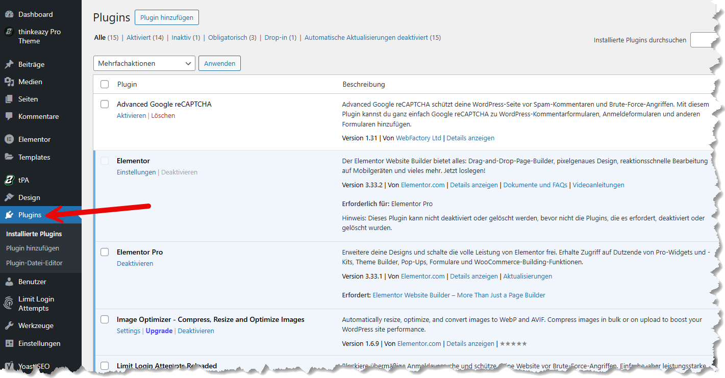 wordpress liste der plugins