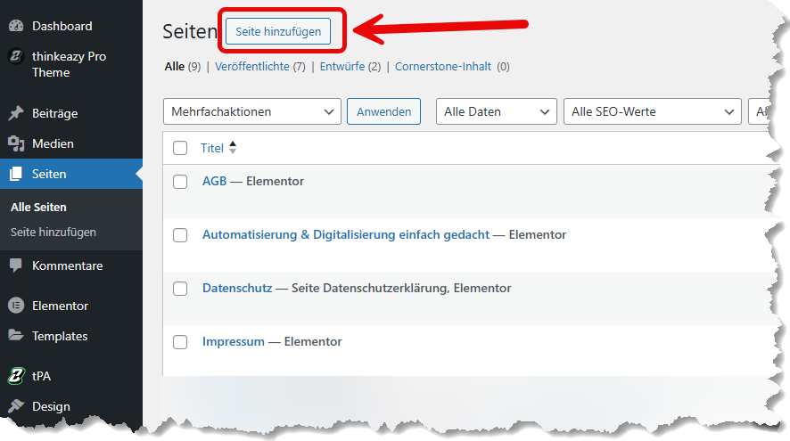 wordpress neue seite hinzufuegen