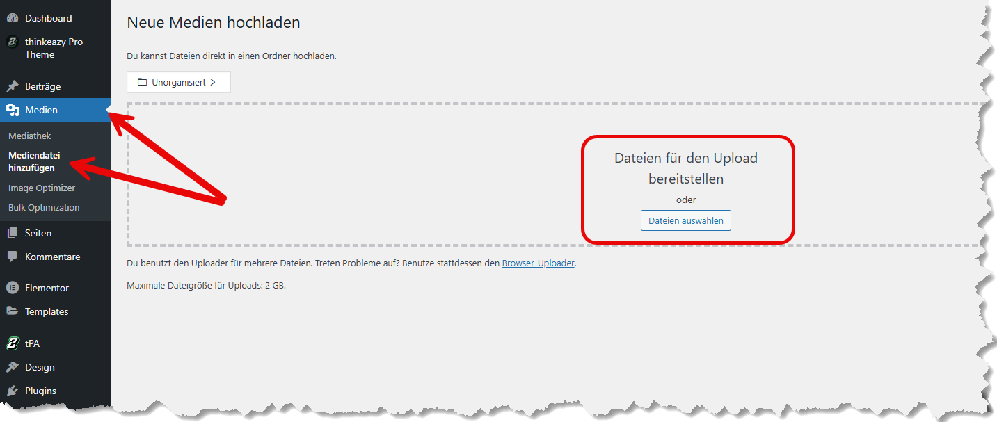 WordPress neue Medien hochladen