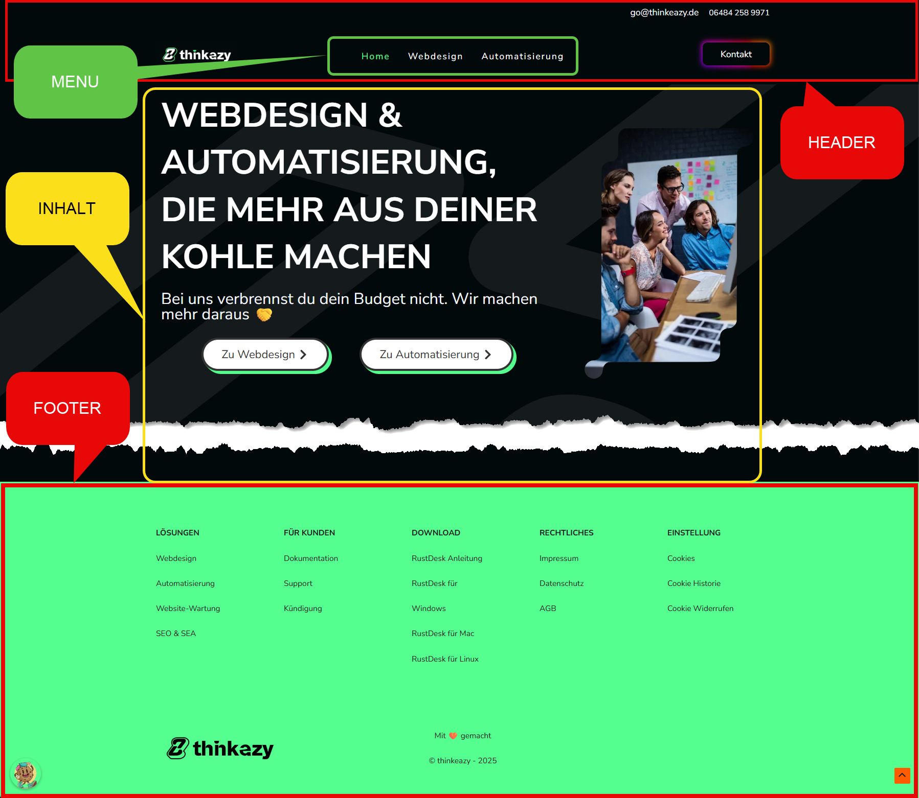 thinkeazy Beispiel fuer Header Menu Inhalt und Footer